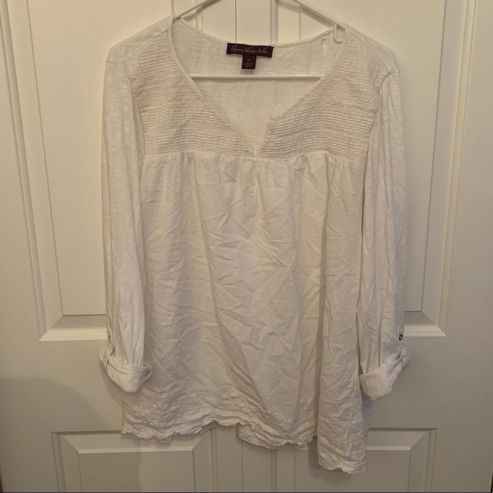 Gloria Vanderbilt White Peasant Top Roll Up Sleeve
